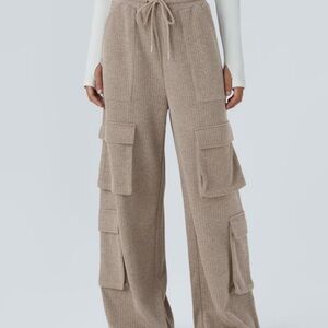HALARA Ribbed Mid Rise Drawstring Multiple Pockets Wide Leg Cargo Casual Pants